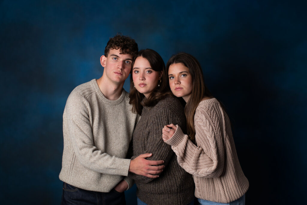 Formal studio portrait of triplets taken by Kat Jones Creative in Midlothian, VA