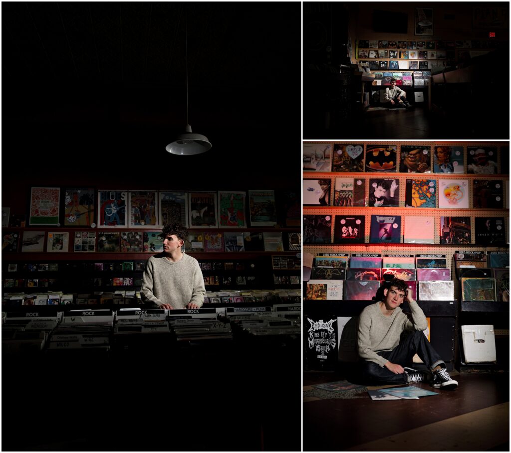 Senior portraits of a boy at Plan 9 Records in Carytown