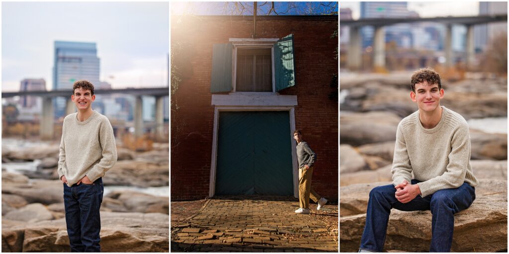 Collage of high school senior boy in fall sweater smiling at Belle Isle 