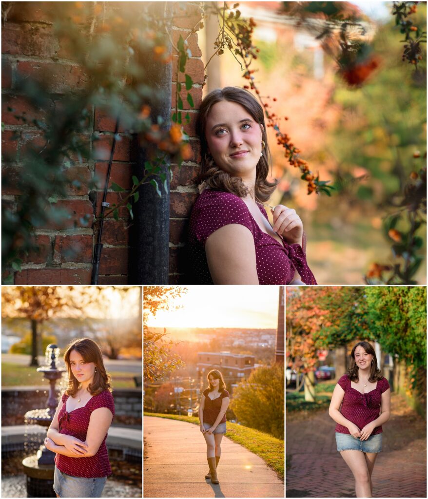 Collage of High School Senior girl in maroon at Libby Hill park during sunset