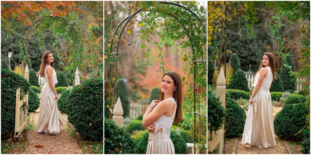 High School Senior poses under garden archway in Richmond, Virginia