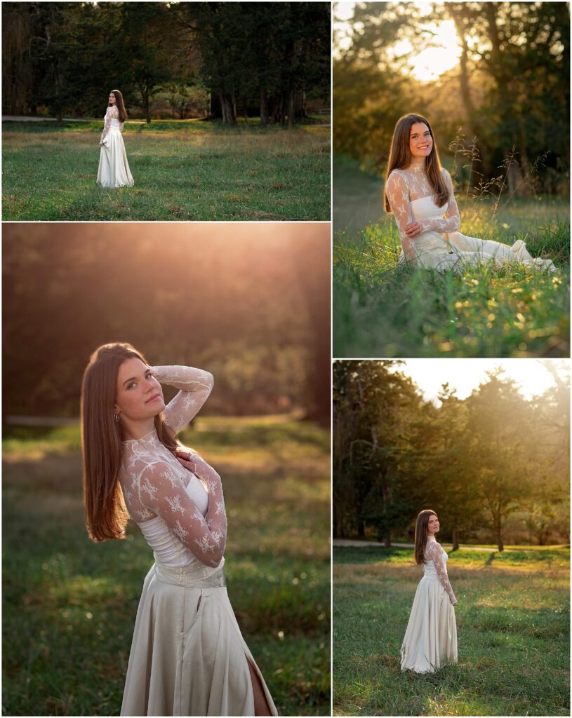 Collage of Senior girl in a white dress walking through a meadow at sunset