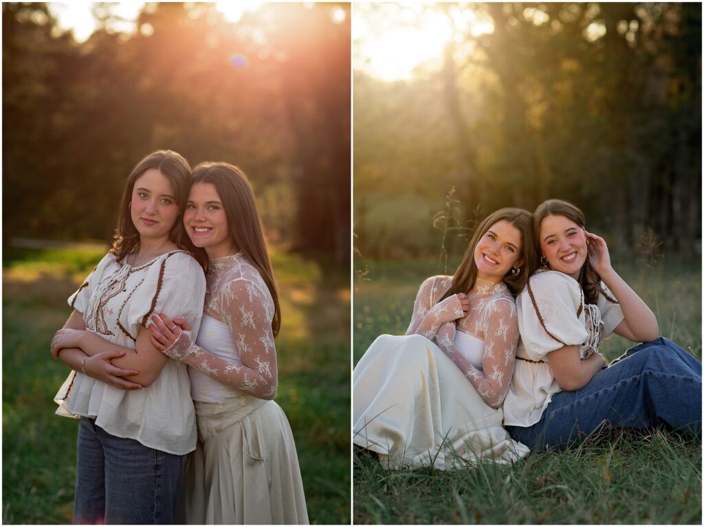 Collage of two senior sisters posing in a beautiful field at sunset