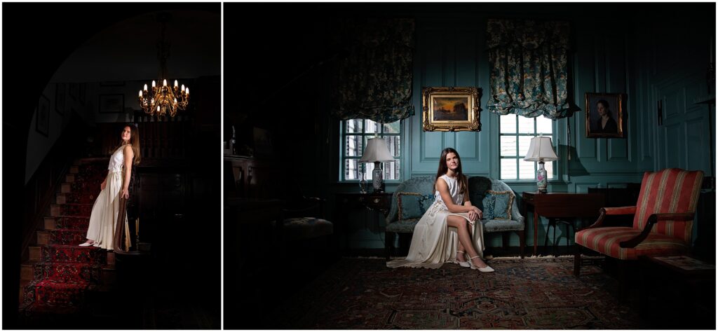 Editorial style portraits of regal senior girl inside historic house in Richmond, Virginia
