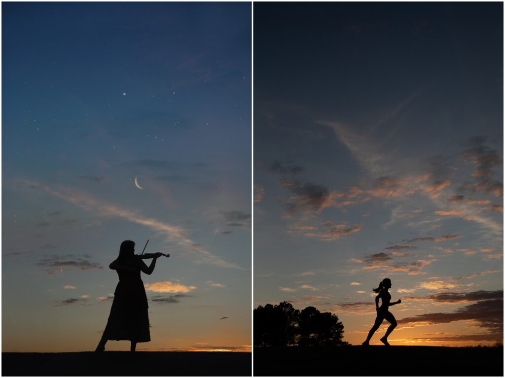 Sisters pose for a silhouette portrait at sunset showing their hobbies, the violin and running.