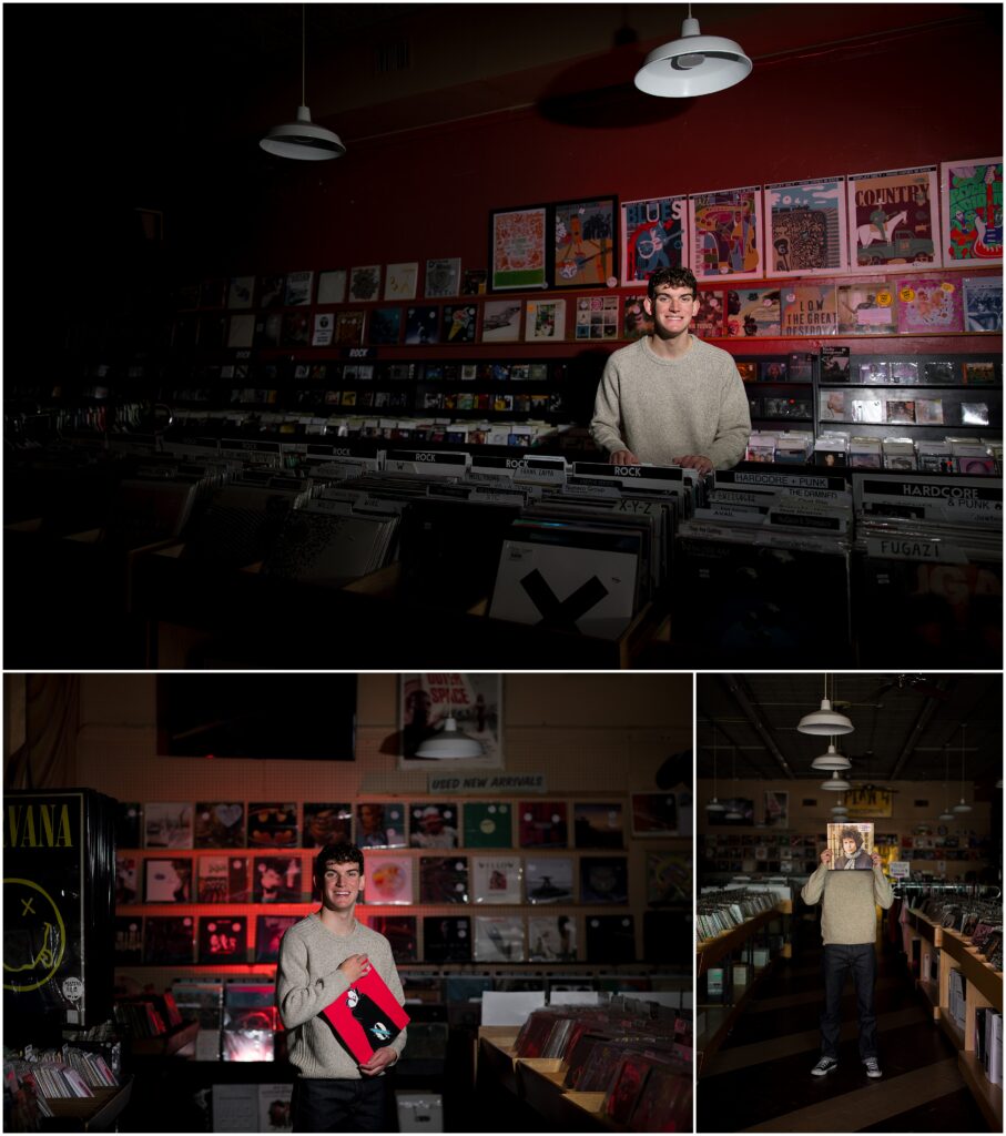 Moody Plan 9 Records collage of senior photoshoot by Kat Jones Creative in Carytown