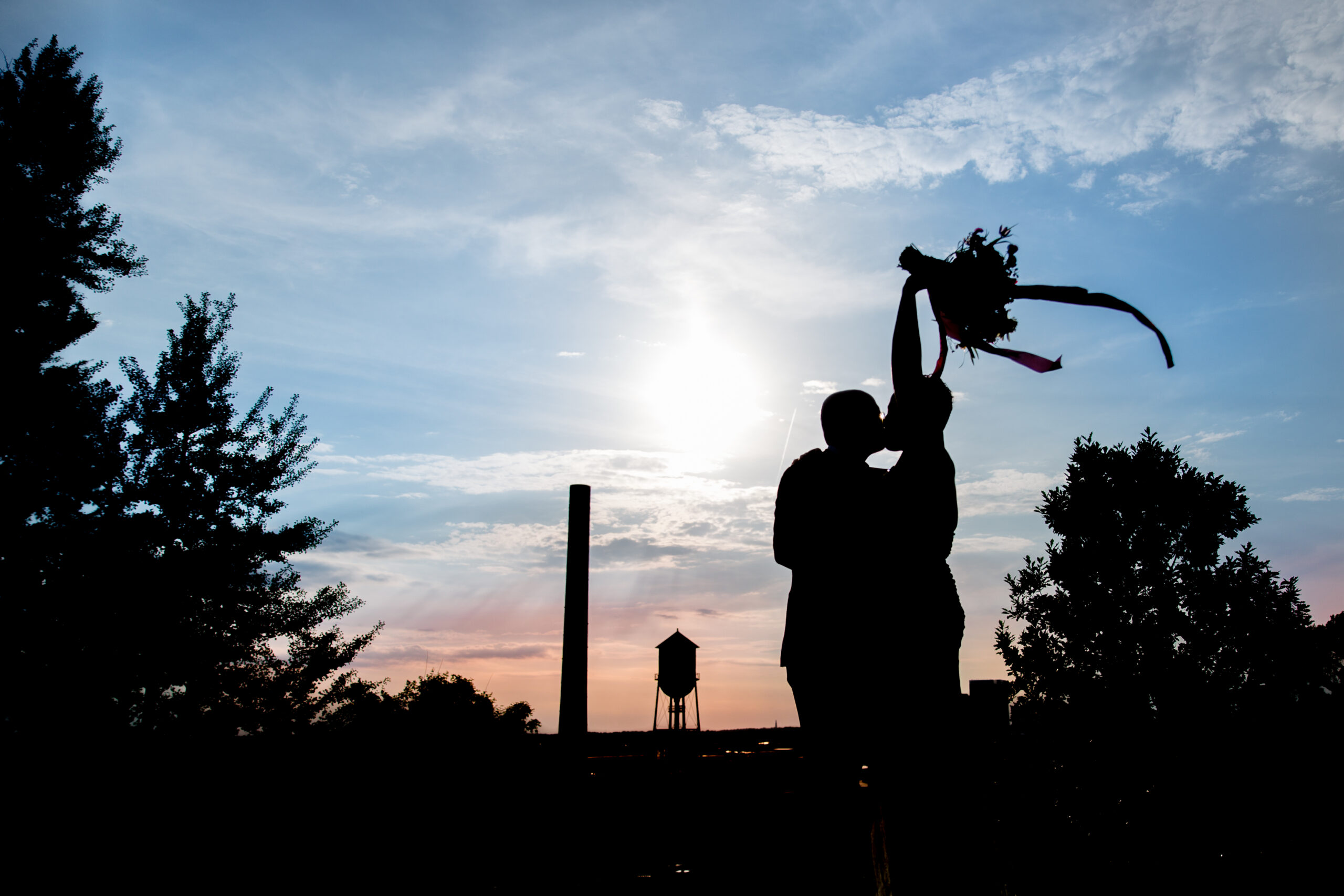 Silhouette of Richmond newlywed couple after elopement ceremony in Church Hill at Libby Hill Park