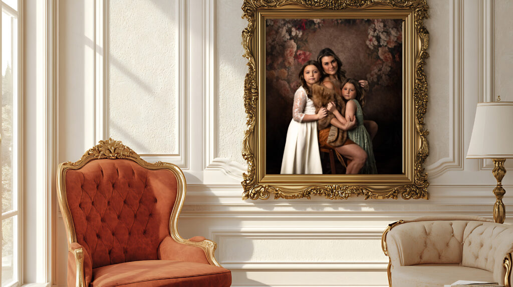 Regal fine art portrait of a mother and her daughters framed and hanging in a beautifully lit living room.