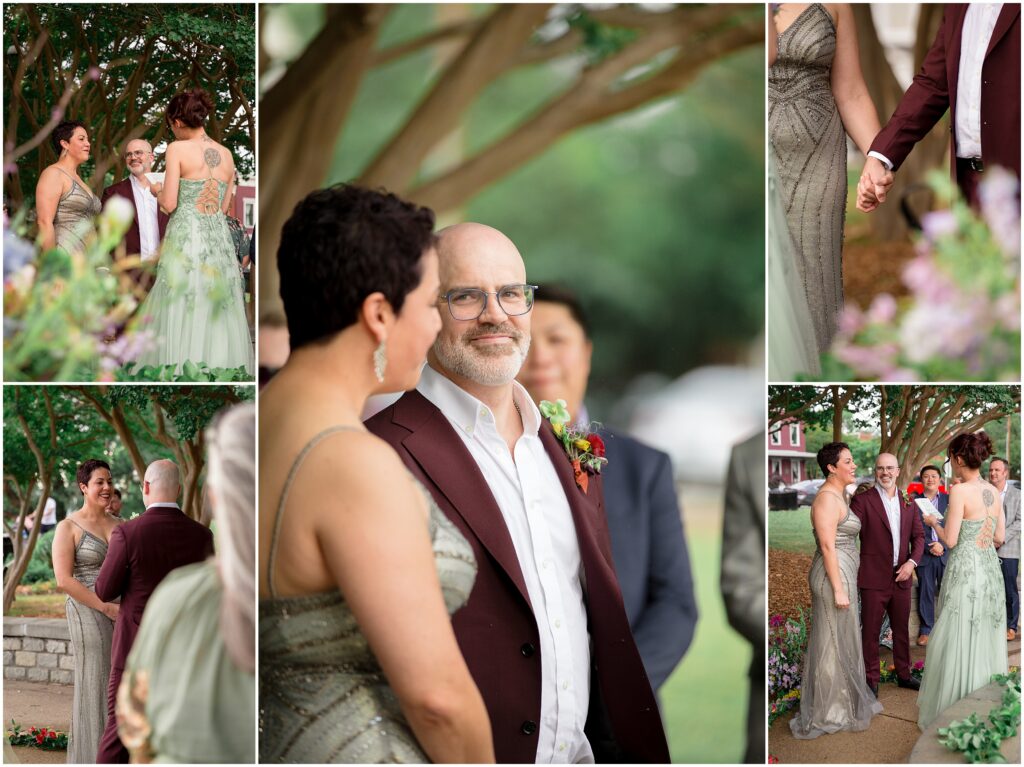 Collage of bride and groom portraits exchanging vows in Libby Hill Park by photographer Katrina Jones