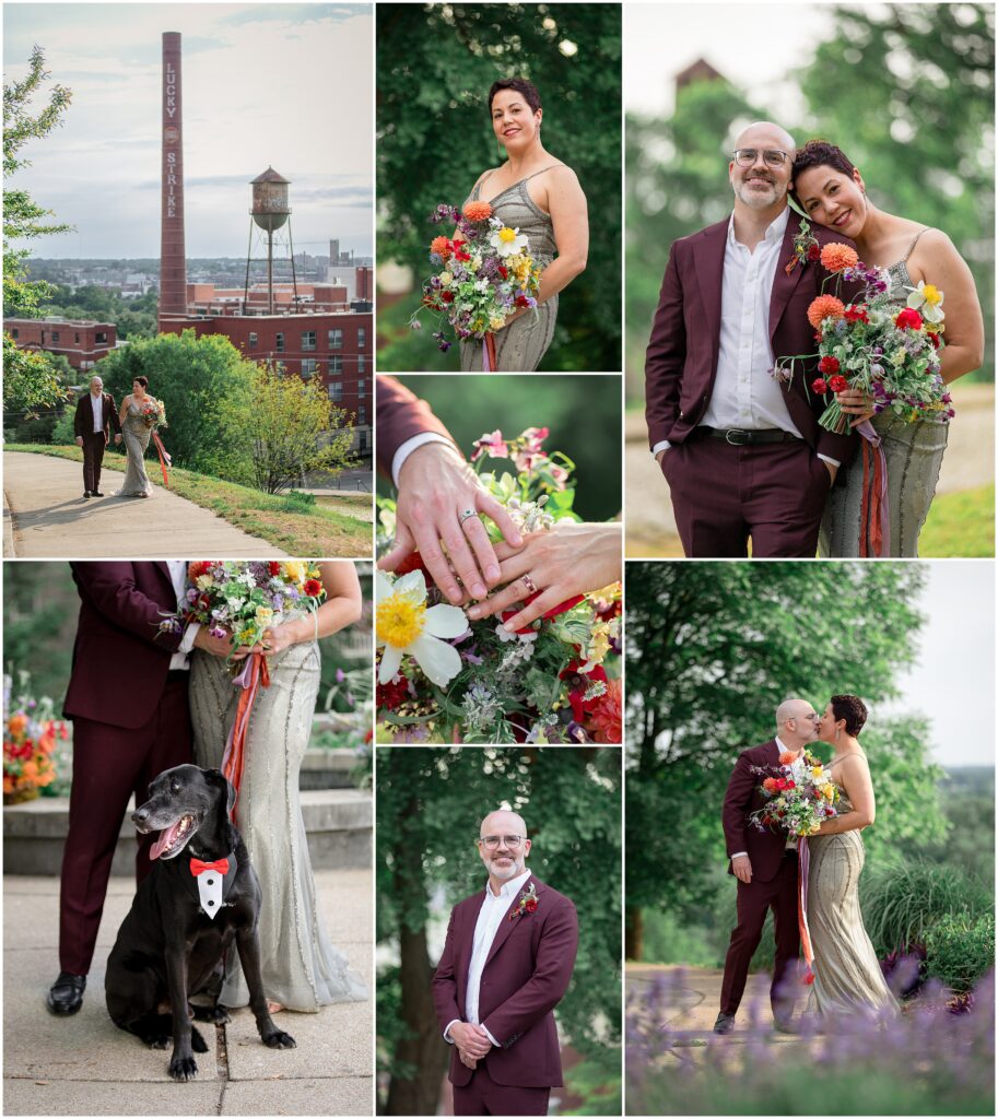 Bride and groom collage of solo and couple wedding portraits outside in Richmond, Virginia.