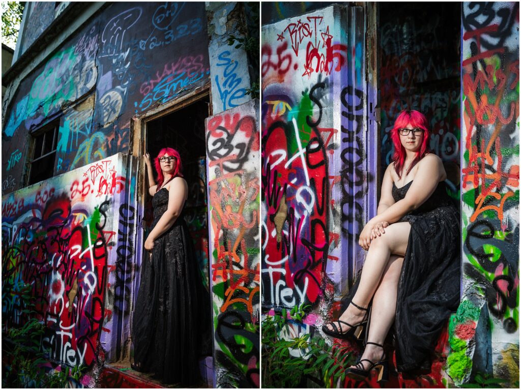 Collage of High School Senior posing in heavily graffitied doorway at Belle Isle in Richmond, Virginia.