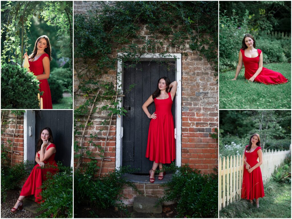 Portrait collage of graduated High School Senior in a bold, red dress at Historic Tuckahoe.