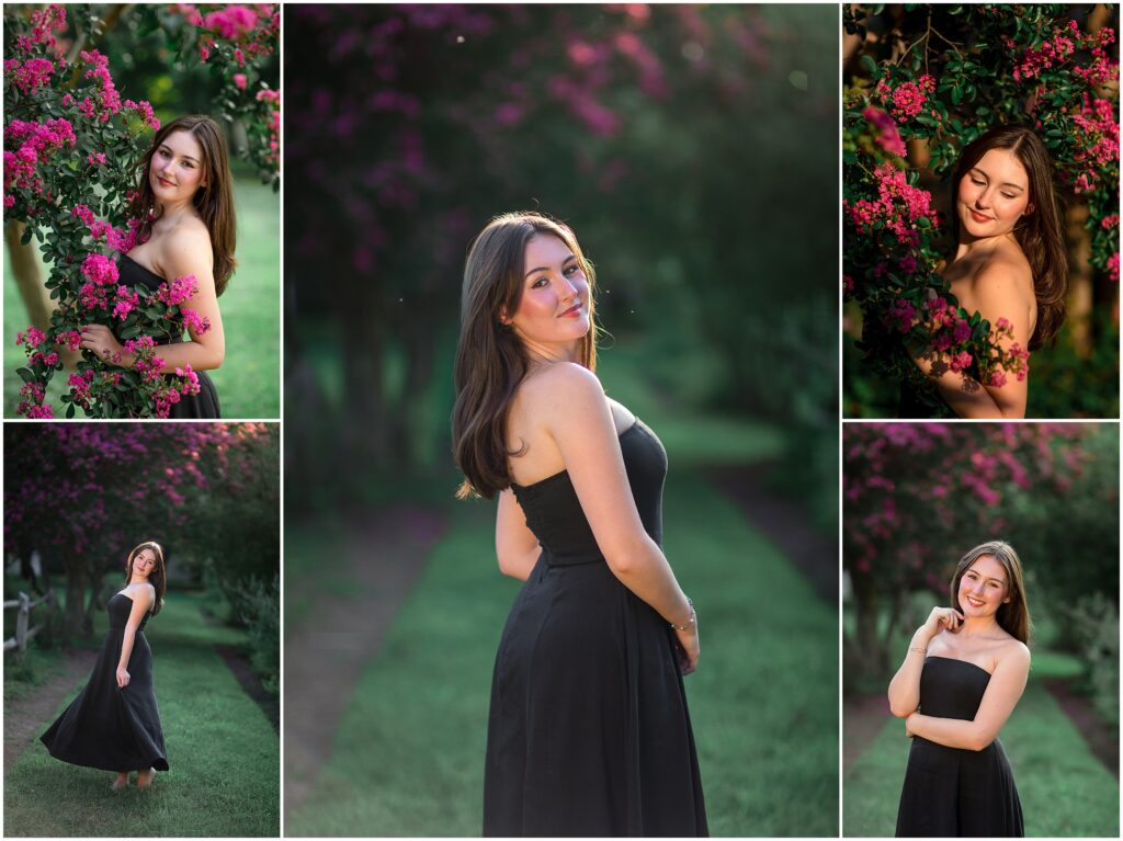 Collage of sweet Senior girl in front of pink crape myrtle blooms in Richmond, Virginia.