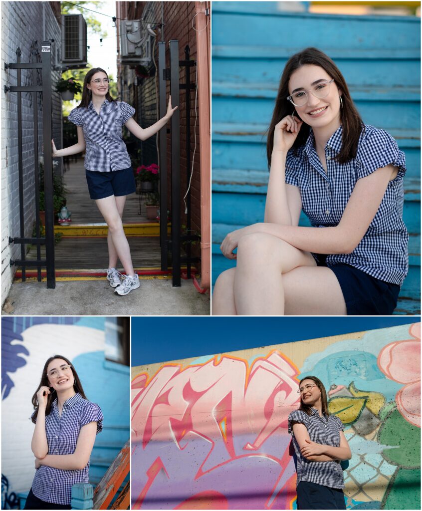 Collage of preppy high school senior girl in Carytown, Richmond, VA.