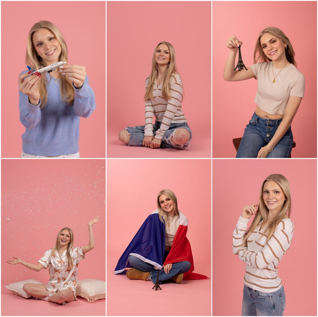 High School senior, Natalie, holds up a plane, toy eiffle tower, and french flag in studio portrait collage to showcase her after High School plans to move to France.