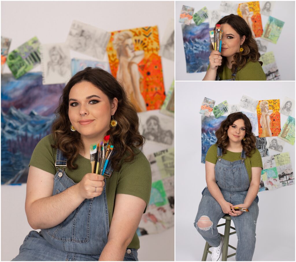 Collage of Richmond High School senior showcasing her paintings while artistically holding paint brushes.